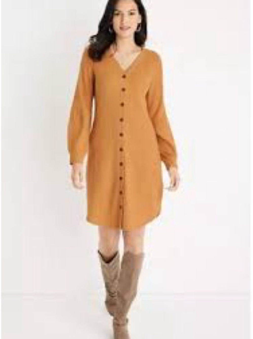 Maurices Mustard Waffle-Knit Button-Down Long Sleeve Dress